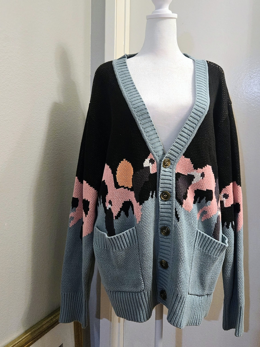 Duvin Coastal Flamingo Colorblock V-Neck Cardigan Sweater - Blue/Pink Size L